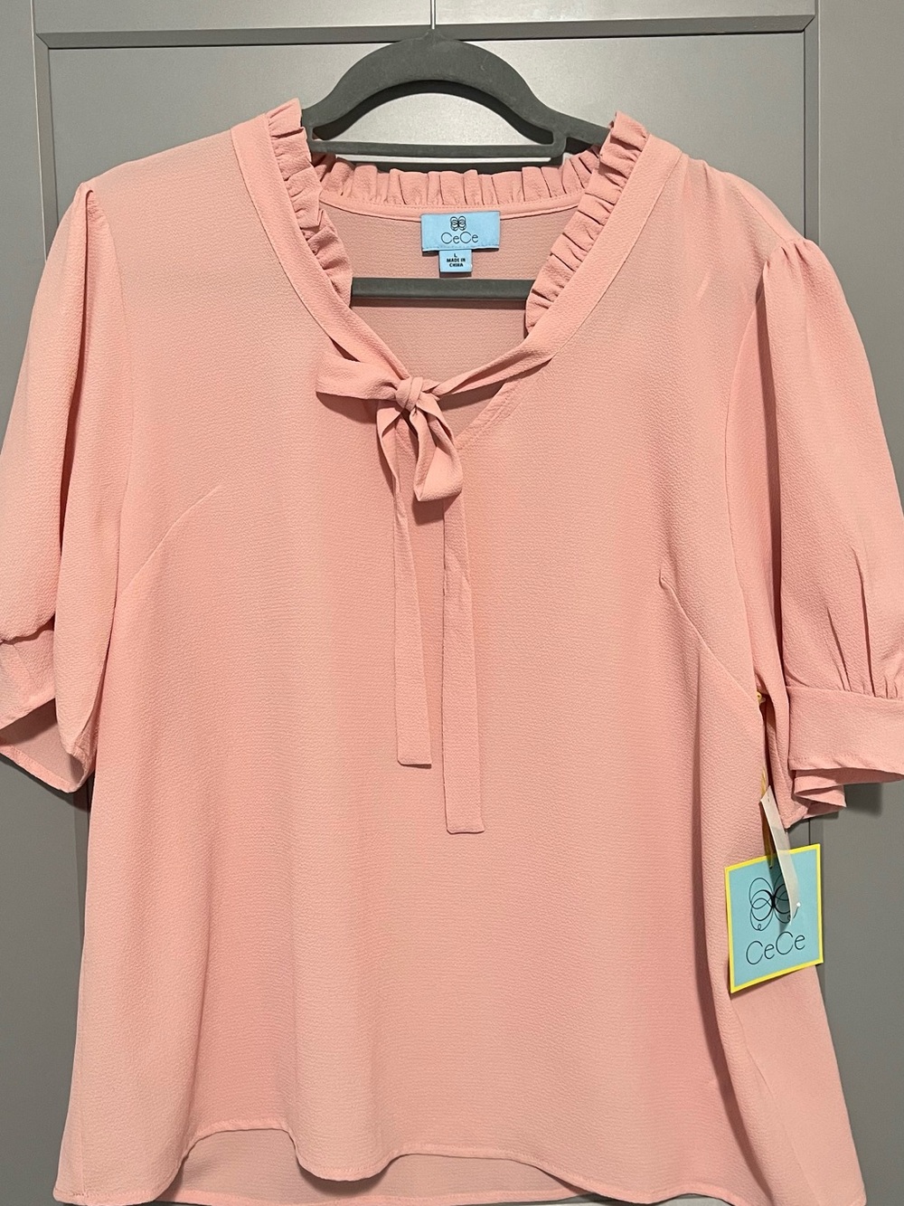 NWT CeCe Blush Pink Ruffle Tie-Neck Blouse